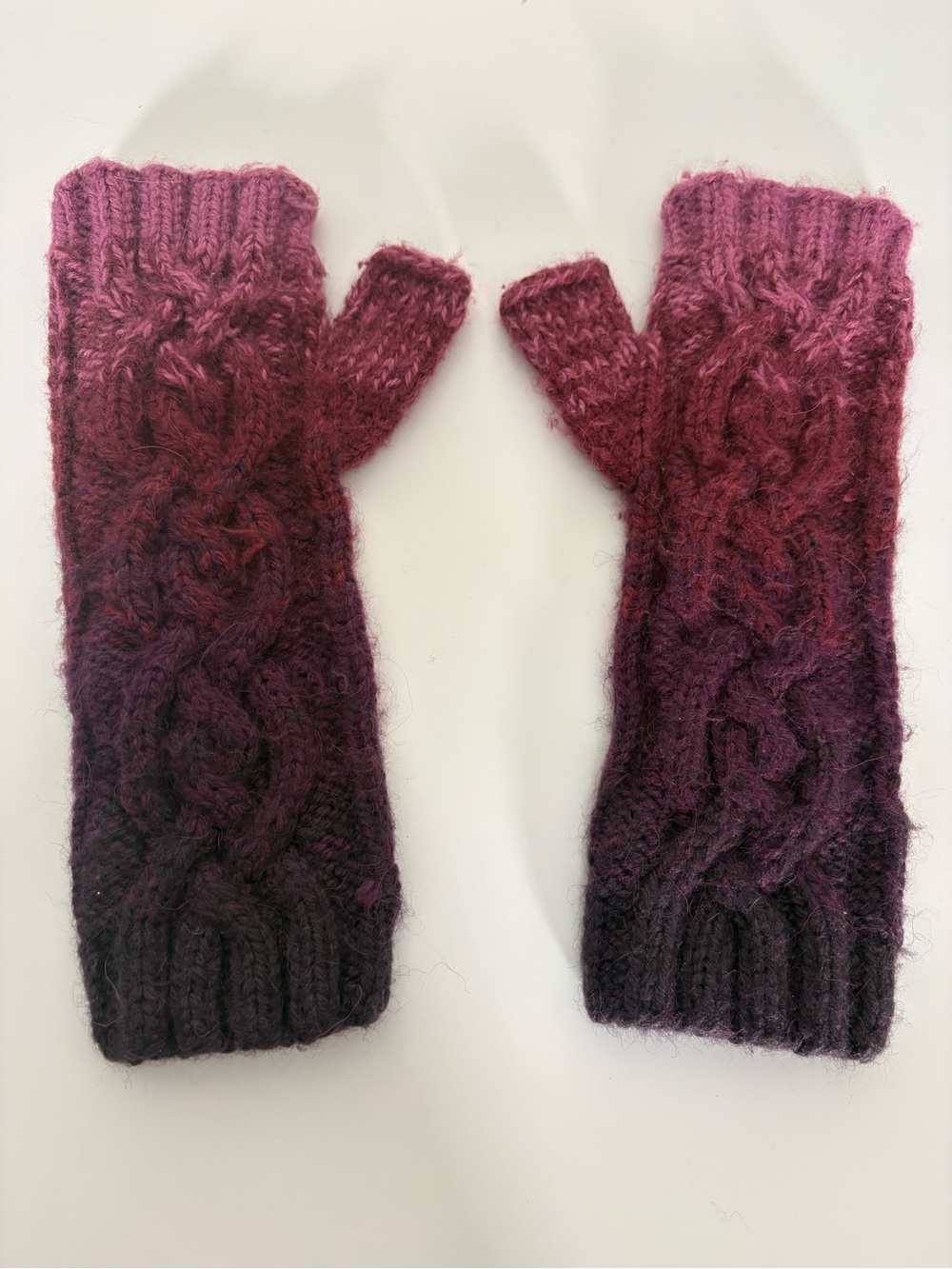 Ombre Knit Fingerless Gloves in Pink to Purple - Women's Cable Mittens